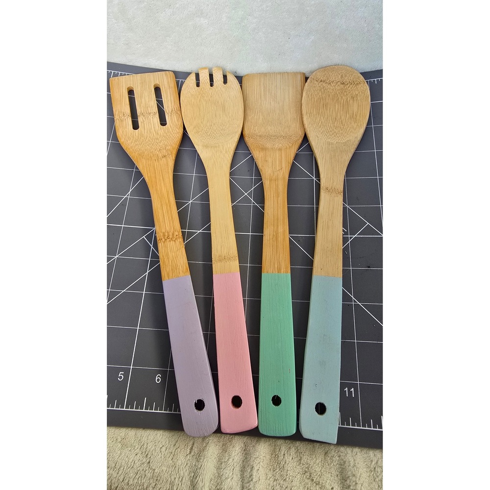 Bamboo Kitchen Utensil Set 4pc Pastel Painted Handles Spatula Spoon Set 12in